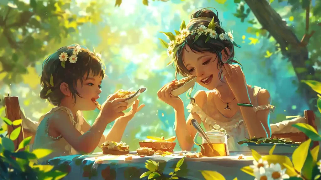 먹는 즐거움 영어로!: 음식과 관련된 영어 표현 가이드 4 먹는 즐거움을 표현한 사진으로 언니와 여동생이 식사를 하는 모습