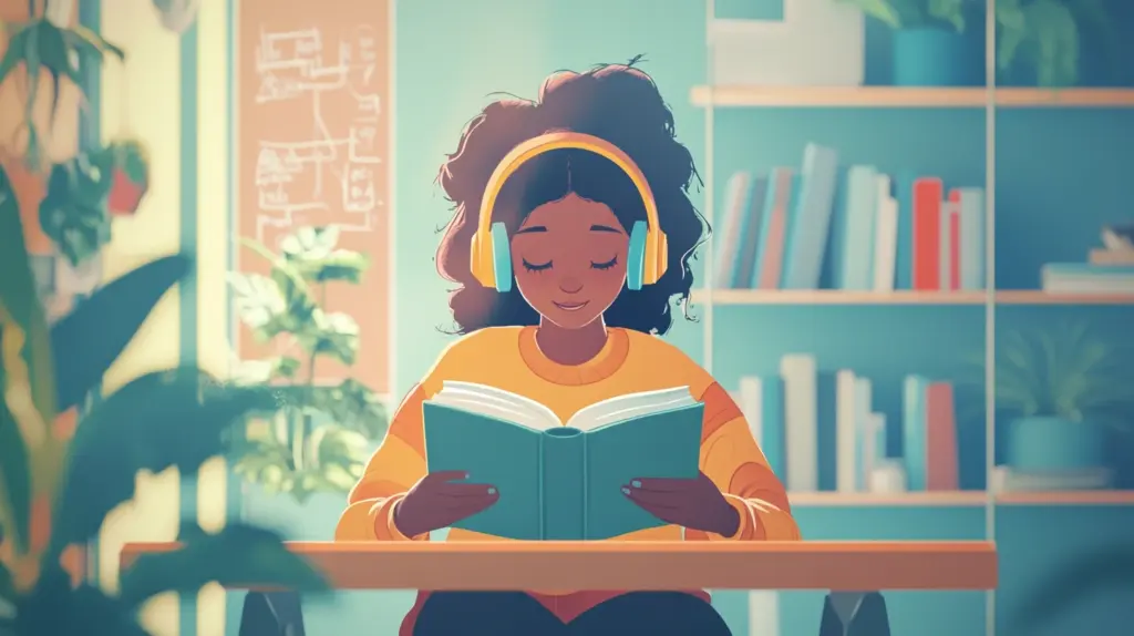 While과 During의 차이와 실전 활용법 1 한 여성이 헤드셋을 끼고 책을 보는 중.