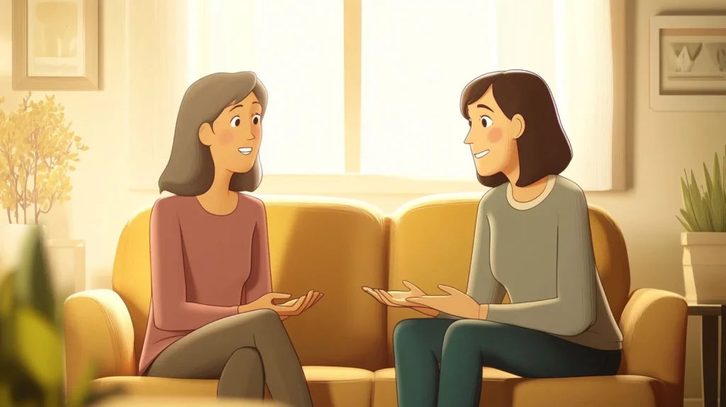 여성 갱년기, 영어로 자연스럽게 말하는 방법 2 갱년기에 대해 서로 위로하며 대화하는 두 명의 여성 캐릭터