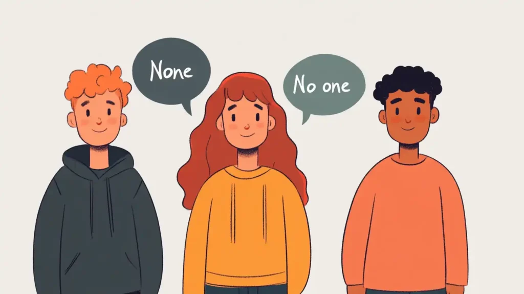 "None" 과 "No one" 차이점 완벽 분석: 명확한 영어 사용법 가이드 2 말풍선 속 None 과 No one 활용 예시 문장과 함께 다양한 만화 캐릭터들