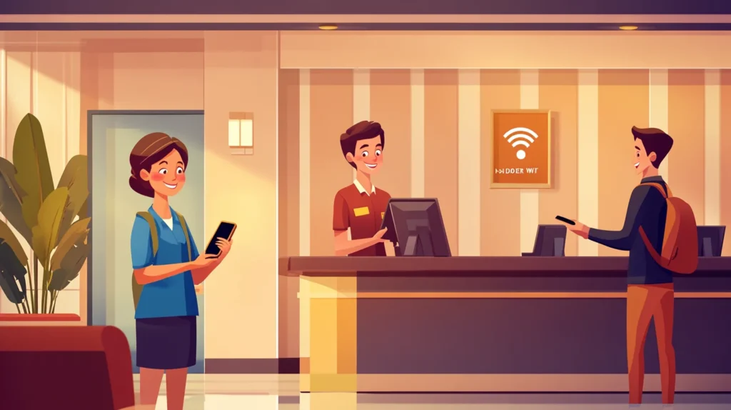 호텔 로비 무료 Wi-Fi 문의하기 7선 1 무료 Wi Fi 를 문의하는 모습