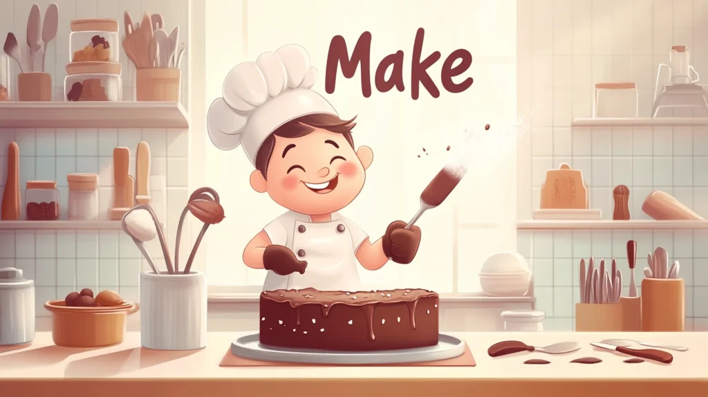"Make"와 "Do" 차이점 완벽 분석: 콜로케이션과 실생활 활용법 1 요리사 캐릭터가 밝은 주방에서 초콜릿 케이크를 만드는 삽화, Make 동사 설명
