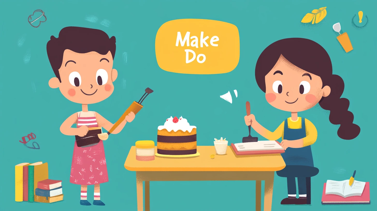 “Make”와 “Do” 차이점 완벽 분석: 콜로케이션과 실생활 활용법 케이크를 만드는 캐릭터와 숙제하는 캐릭터가 등장하는 Make 와 Do 영어 학습 썸네일