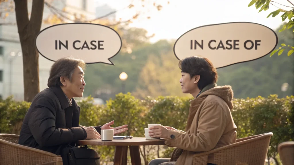 In case와 In case of 차이점 완벽 정리: 실생활 영어 활용 마스터 가이드 2 In case와 In case of 의 차이와 실생활 활용법 에 관한 영어 대화를 나누는 두 사람의 자연스러운 대화 장면