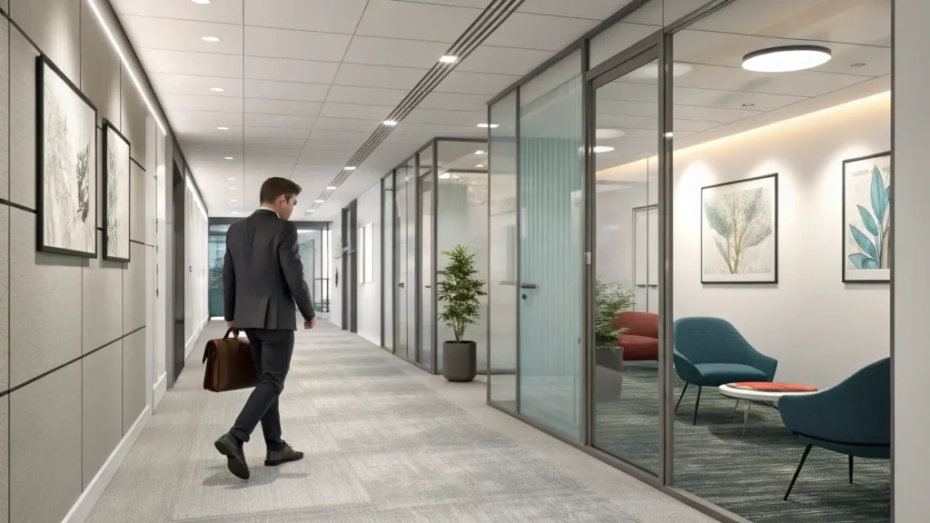 In case와 In case of 차이점 완벽 정리: 실생활 영어 활용 마스터 가이드 1 Realistic yet slightly stylized illustration of a modern office hallway. A young professional office worker