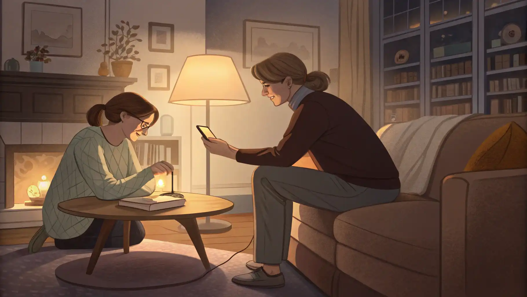 빛의 밝기, 영어로 어떻게 표현할까요? 1 거실에서 한 사람이 책을 읽기 위해 램프 밝기를 조절해달라고 요청하고 다른 사람이 조절해주는 대화 상황을 묘사한 이미지.