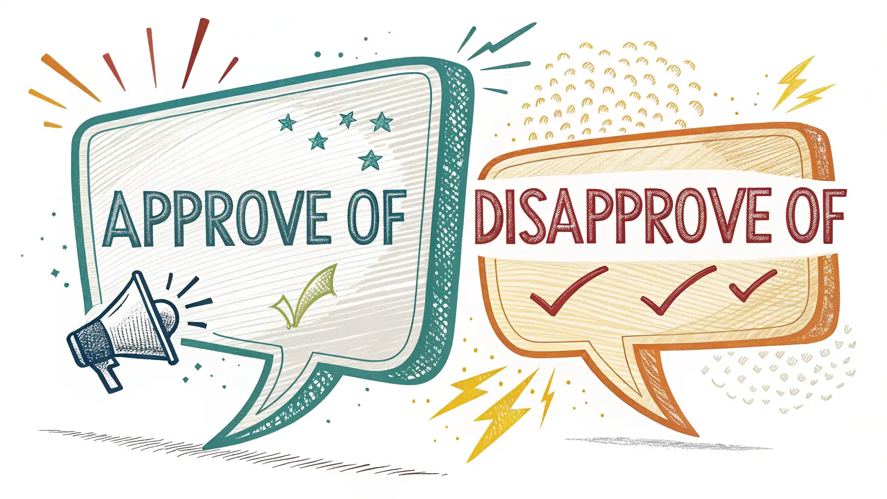 Approve of vs. Agree with: 찬성과 동의, 정확하게 표현하기 'approve of'와 'agree with'가 적힌 말풍선 두 개를 비교하며 차이점을 강조하는 이미지, 영어 표현 학습 썸네일