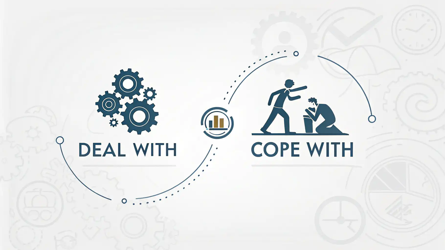 Deal with vs. Cope with: 문제 상황, 어떻게 말해야 할까요? 딜 위드(Deal with)와 코프 위드(Cope with)의 의미 차이를 시각적으로 보여주는 영어 학습 비교 이미지