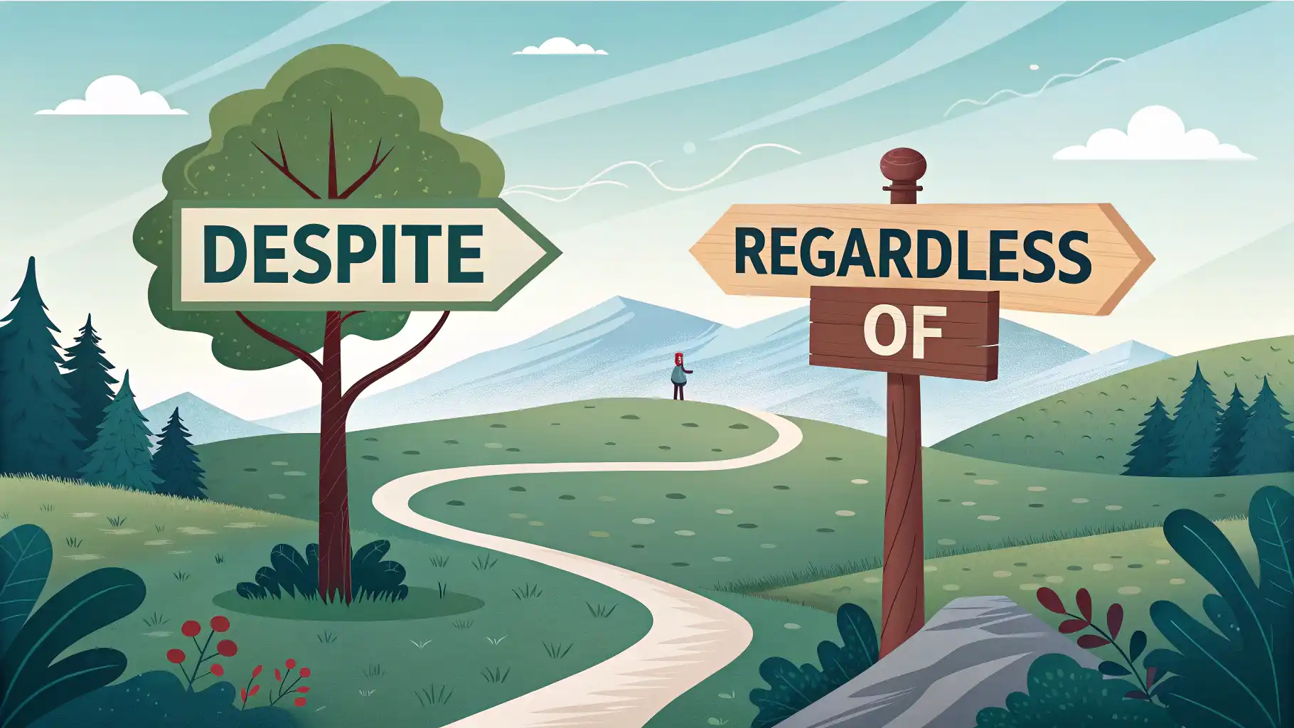 Despite와 Regardless of, 헷갈리지 마세요! 정확한 사용법 알아보기 Despite와 Regardless of 영어 표현의 차이점을 시각적으로 보여주는 갈림길 또는 표지판 이미지.