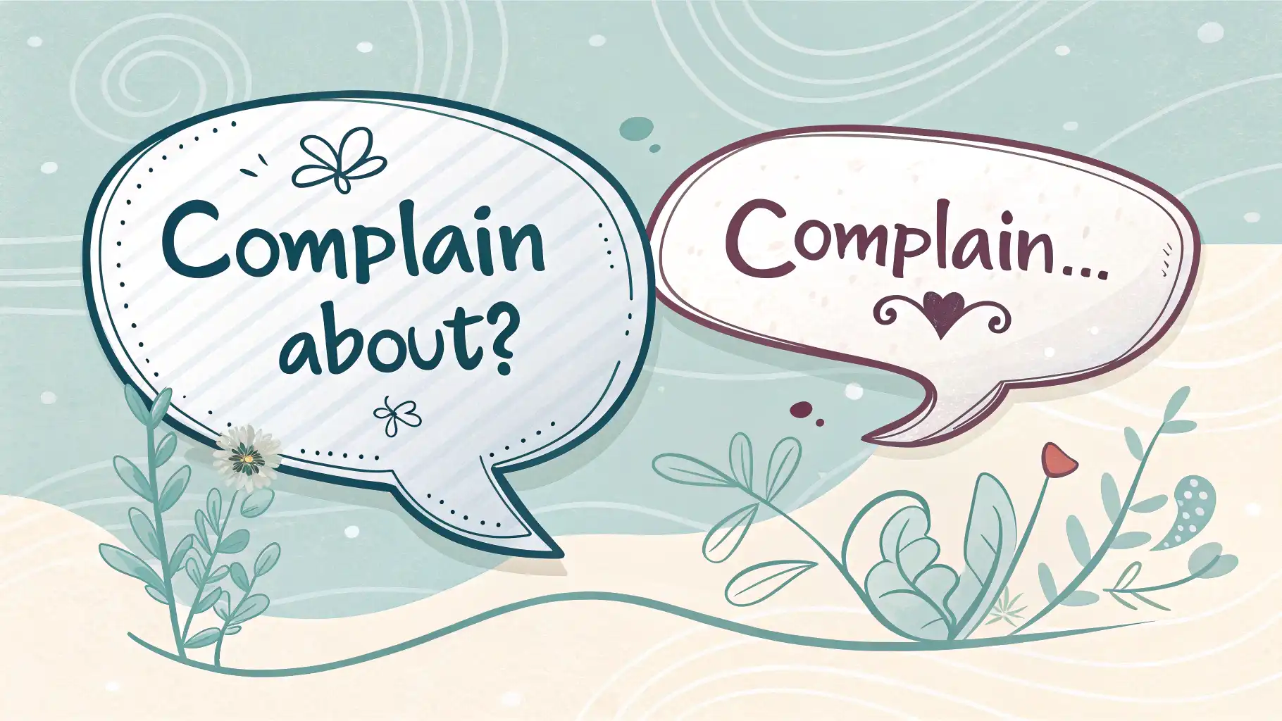 Complain about vs. Complain of: 불만 표현 제대로 알기 'Complain about'와 'Complain of'가 적힌 말풍선과 물음표가 있는 영어 학습 콘셉트 이미지