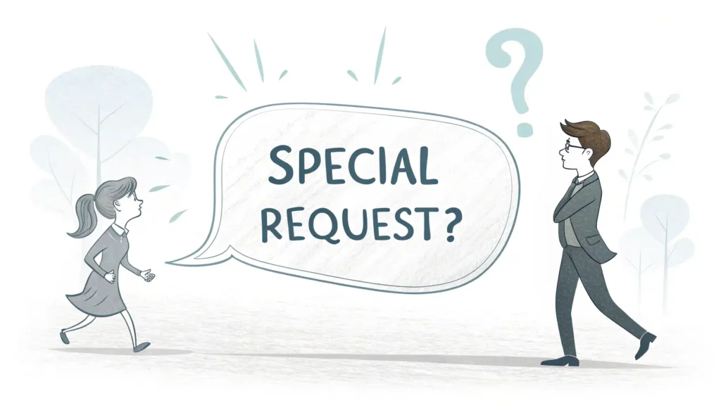 음식 주문 시 특별 요청 영어로: 자신 있게 말해보세요! 1 음식 그림 위로 "Special Request?" 영어 문구가 적힌 말풍선이 떠 있는 이미지 - 음식 주문 시 특별 요청 영어 표현 학습 컨셉