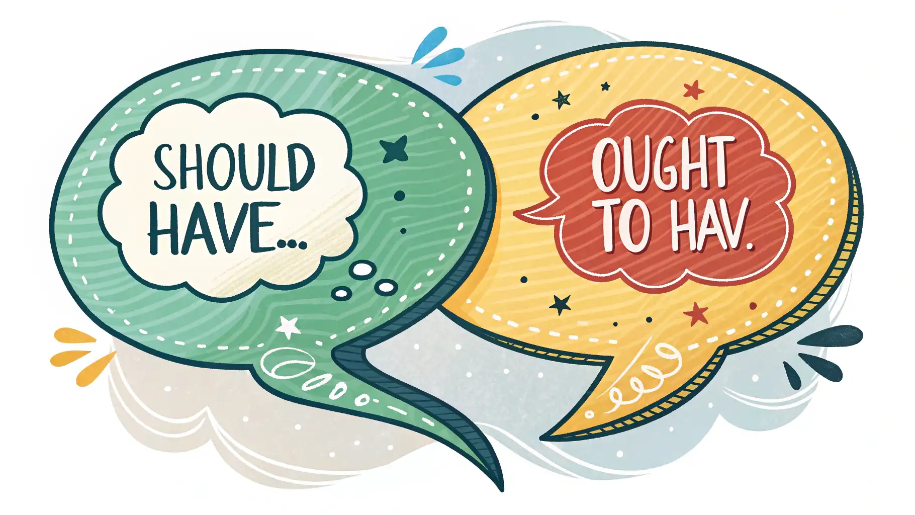 Should have과 Ought to have: 후회 표현, 제대로 알고 쓰기 후회를 나타내는 영어 표현 'Should have'와 'Ought to have'가 적힌 말풍선 두 개가 있는 이미지. 영어 학습 개념을 나타냅니다.