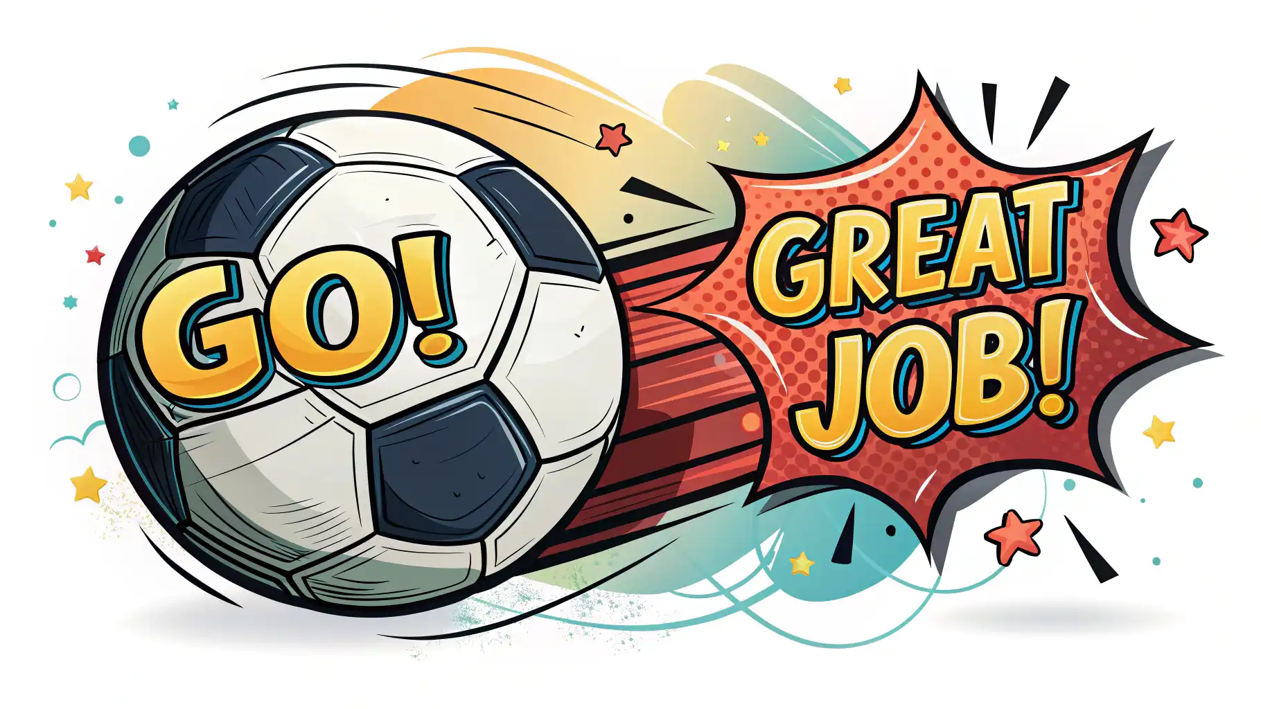정신없는 학교 축구 경기에서 아이를 응원하는 부모의 영어 표현 활기찬 축구공 주변으로 "Go!", "Great Job!"과 같은 영어 응원 표현들이 터져 나오는 교육적 느낌의 일러스트레이션.