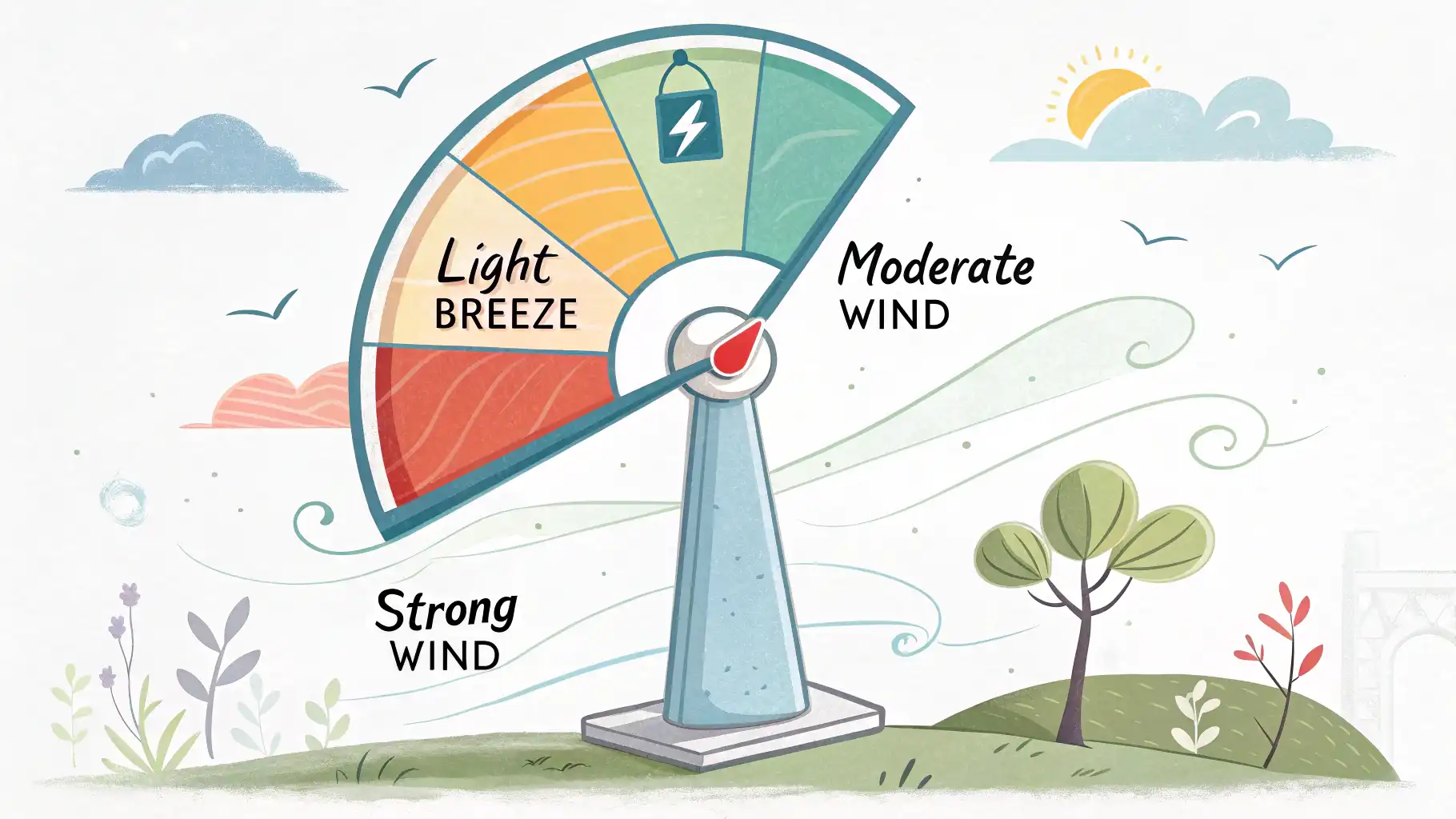 바람의 세기를 영어로 묘사하는 표현 다양한 바람 세기를 나타내는 영어 표현(Light Breeze, Moderate Wind, Strong Gale)이 적힌 바람 세기 측정기와 관련 아이콘(나뭇잎, 윈드삭, 휘어진...