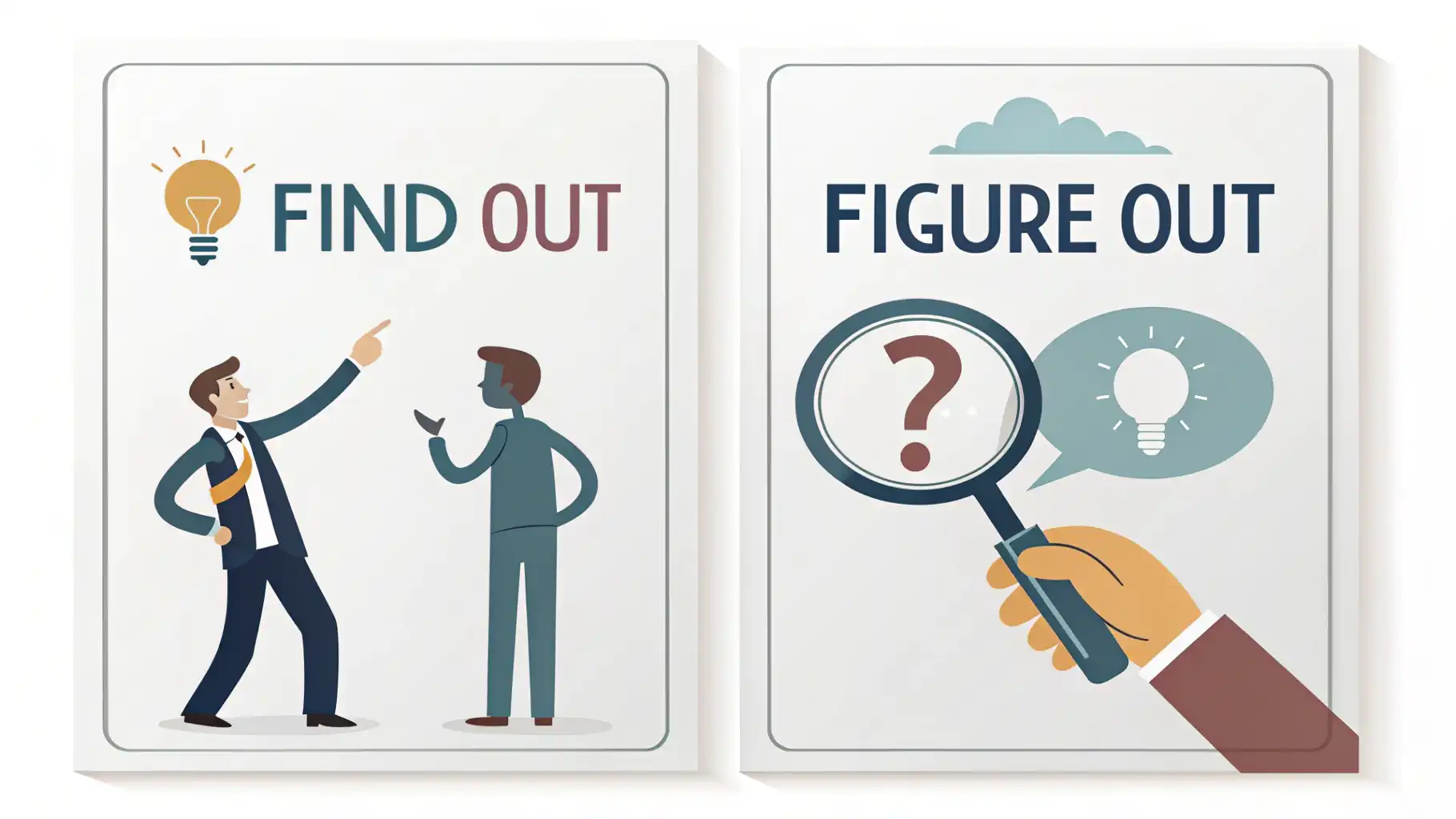 Find out vs. Figure out: 발견과 해결, 영어로 제대로 말하기 돋보기로 정보를 찾는 'Find out'과 머리로 문제를 해결하는 'Figure out'의 차이를 시각적으로 보여주는 영어 학습 이미지.