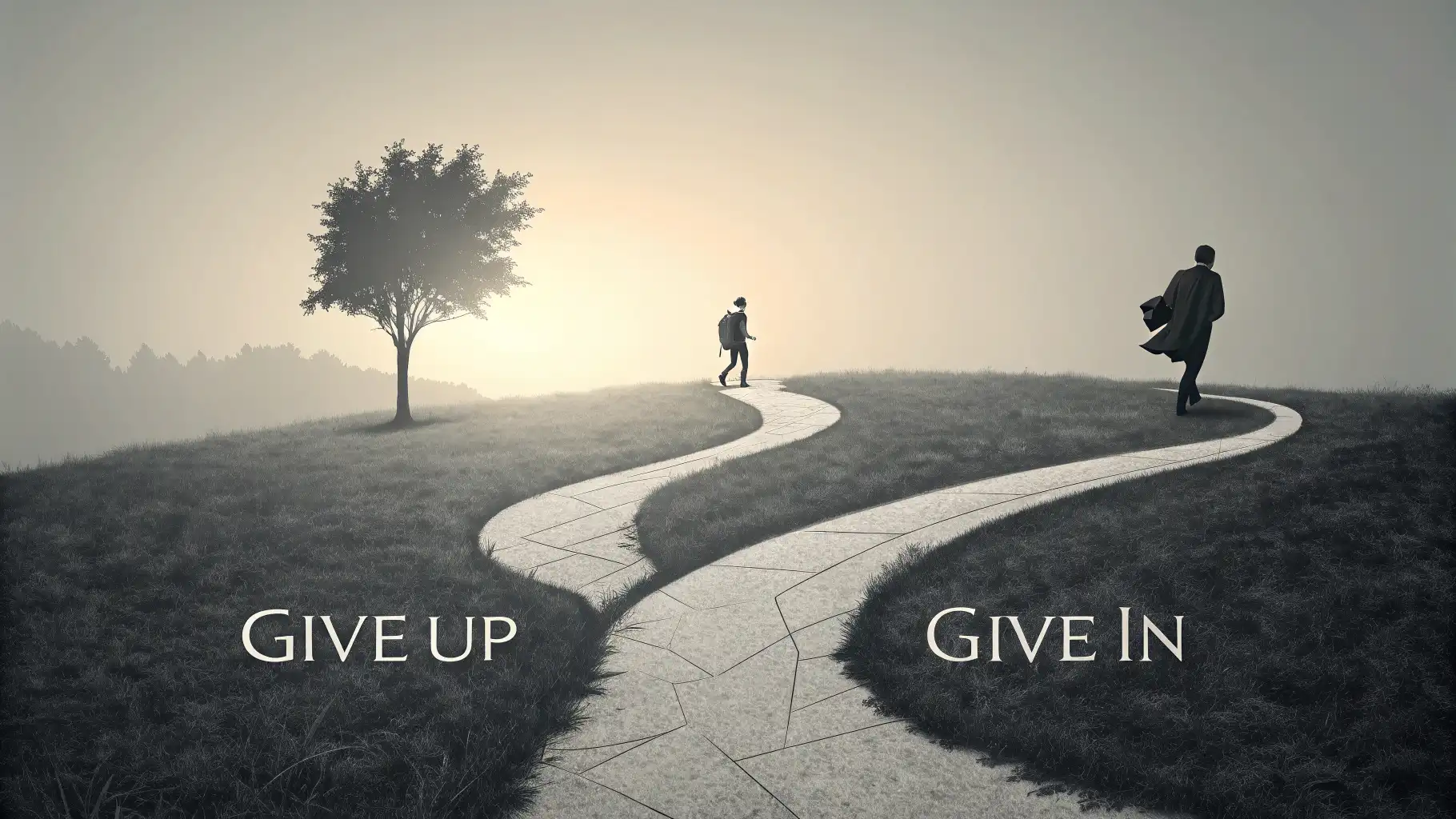 Give up vs Give in: 포기와 굴복, 정확히 알고 사용하세요! 'Give up'와 'Give in'의 차이를 시각적으로 보여주는 갈림길과 화살표 디자인, 영어 표현 학습 강조 이미지.