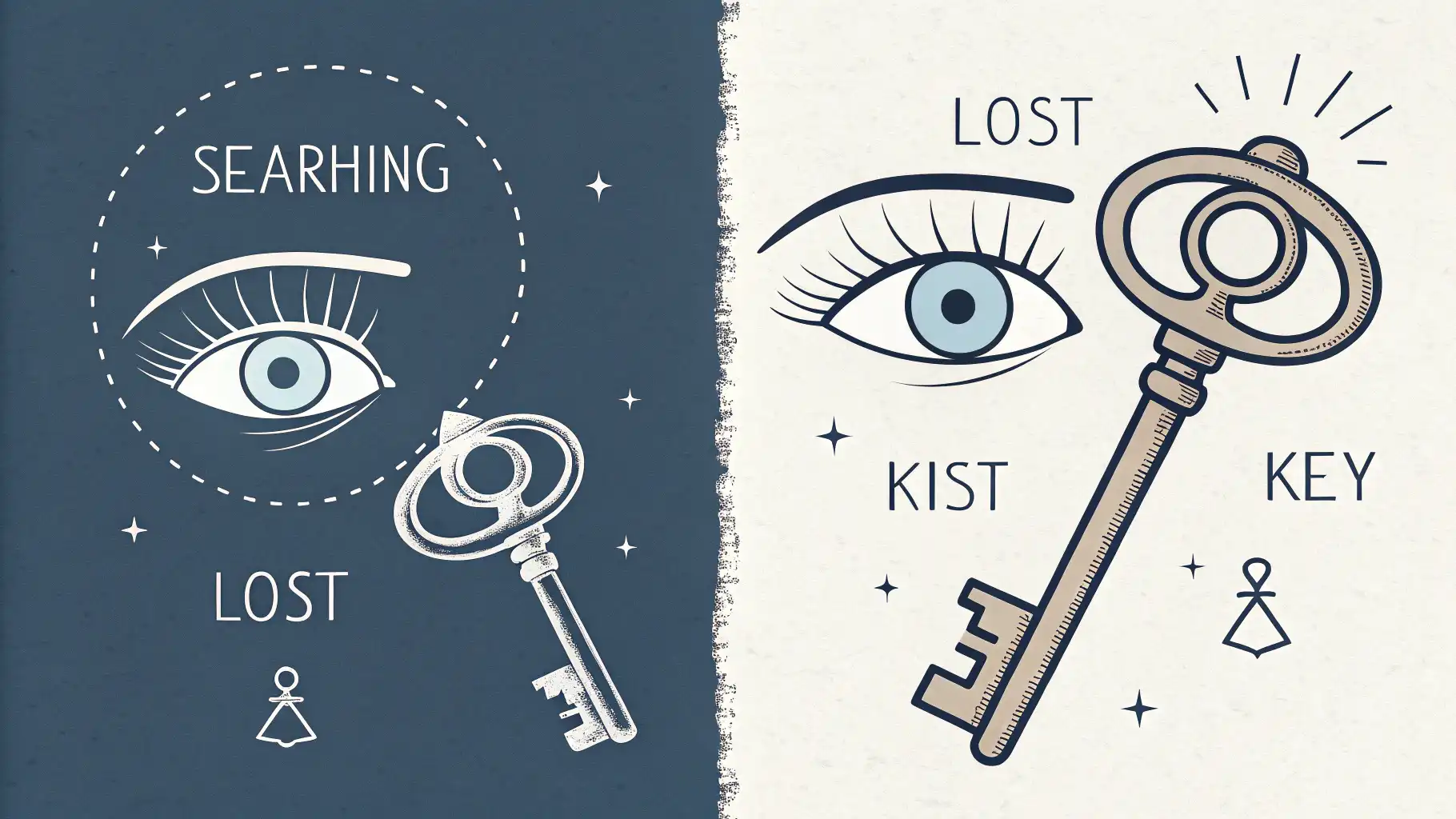 Look for vs. Look into: 탐색과 조사의 미묘한 차이 마스터하기 돋보기와 열쇠 아이콘으로 'Look for'와 'Look into'의 차이를 시각적으로 보여주는 영어 학습 이미지