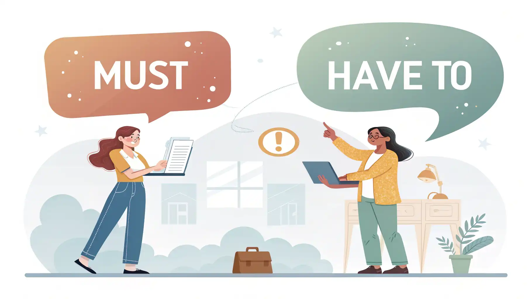 Must와 Have to, 언제 어떻게 다를까요? 외부적 의무 표현 완벽 정리 영어 표현 'Must'와 'Have to'의 차이를 설명하는 이미지. 주관적 의무(Must)와 외부적 의무(Have to)를 나타내는 말풍선 비교.