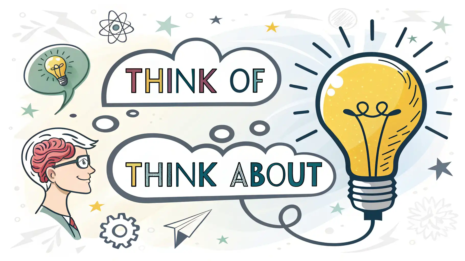 Think of vs Think about: 미묘한 차이와 생각 표현 영어로 마스터하기 'Think of'와 'Think about' 영어 표현 차이를 설명하는 이미지. 번뜩이는 아이디어 전구와 깊은 생각을 나타내는 톱니바퀴 아이콘 대비.