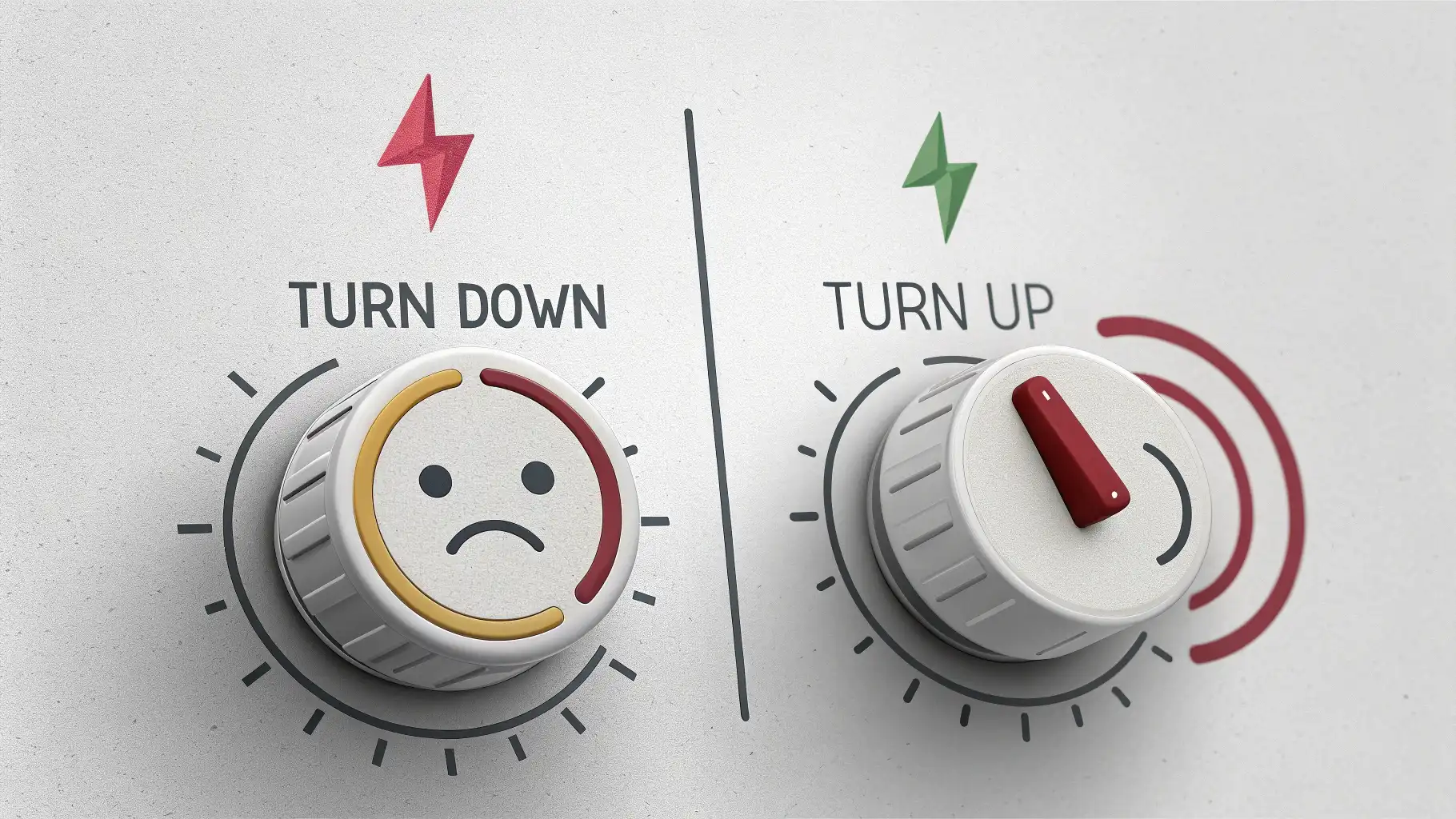 Turn down vs Turn off: 거절과 끄기, 확실히 구분하기 "Turn down"과 "Turn off"의 차이를 시각적으로 보여주는 영어 학습 썸네일 이미지. 볼륨 줄이기/거절 아이콘과 전등 끄기 아이콘 비교.