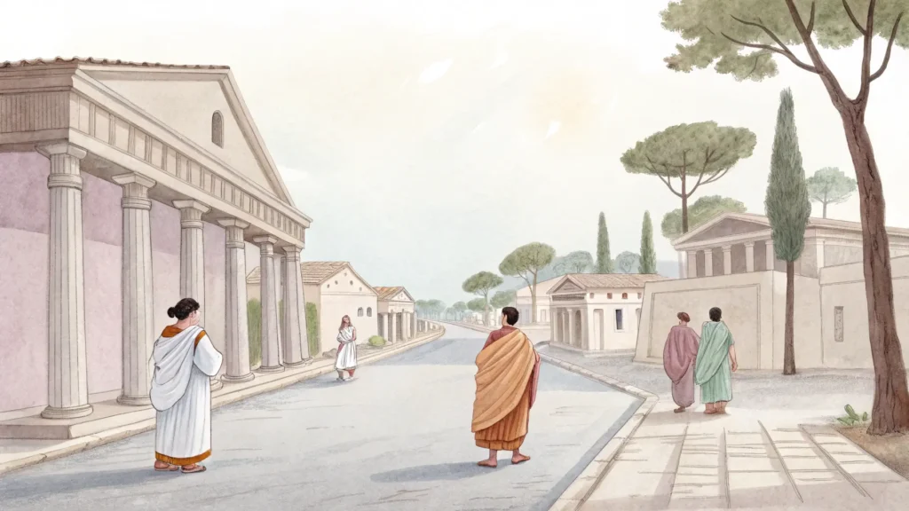영어 속담 "When in Rome, do as the Romans do" 완벽 분석: 의미, 유래, 실제 사용법 마스터하기 1 고대 로마 시대, 토가를 입은 사람들이 있는 수채화풍 거리 풍경 그림
