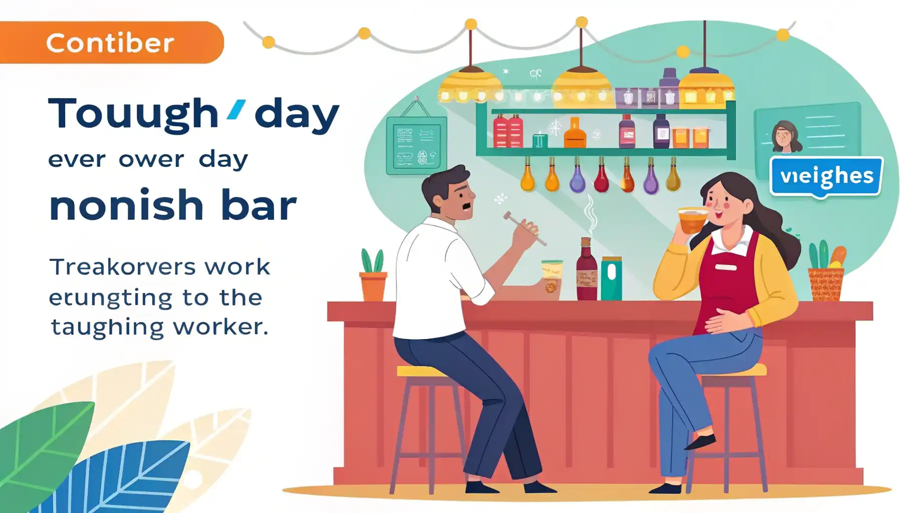 직장 동료와 시끄러운 바에서 힘든 하루에 대해 이야기하기 영어로 A coworker venting about a tough day over drinks at a noisy bar. 영어 학습 이미지