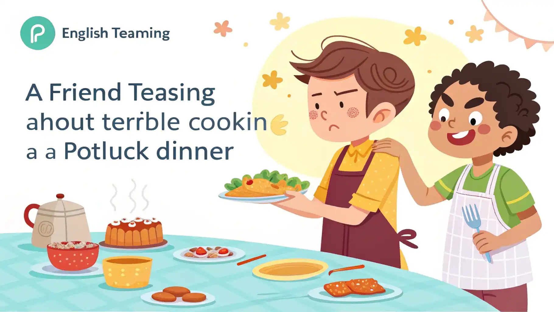 친구의 끔찍한 요리 실력 놀리기 영어로 A friend teasing another about their terrible cooking at a potluck dinner. 영어 학습 이미지