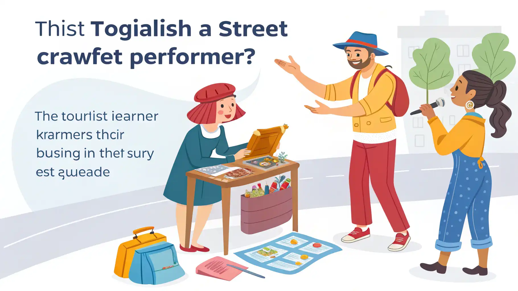 거리 공연가에게 실력의 비결을 묻는 영어 표현 A tourist asking a street performer how they learned their craft in a busy square. 영어 학습 이미지