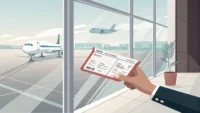 예약부터 주문까지, 상황별 ‘취소’ 영어 완벽 정복! 공항 게이트 창밖으로 비행기가 보이고, 손에 탑승권을 들고 있는 모습. 영어 표현 학습을 암시하는 아이콘.