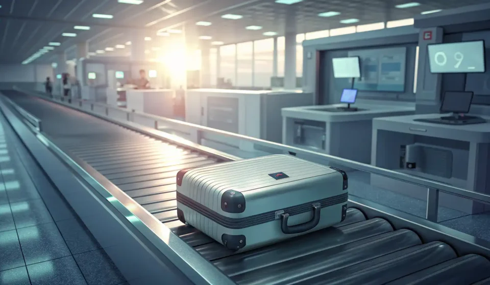 공항 기내 반입 규정, 영어로 자신 있게 물어보세요! 공항 보안 검색대 위 캐리어 가방과 기내 반입 규정 관련 영어 질문을 상징하는 물음표 말풍선 아이콘 일러스트