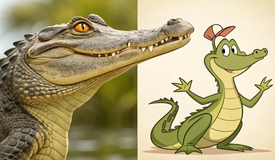 악어를 영어로? Alligator vs Crocodile 완벽 구분 가이드 앨리게이터와 크로커다일 머리 모양 차이를 보여주며 영어 표현 학습을 암시하는 그림