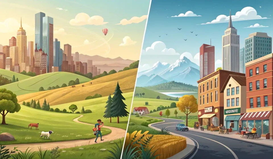 “Anywhere”와 “Anyplace”, 헷갈리는 ‘어디든’ 영어 표현 완벽 정리 도시와 시골 풍경으로 나뉜 배경 중앙에 물음표가 있고 영어 알파벳 블록이 흩어져 있어 'Anywhere'와 'Anyplace' 영어 표현의 차이에 대한 궁금증을 나타내는 이미지.