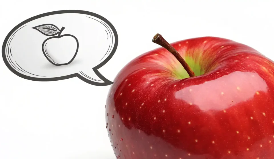 사과 영어로? ‘Apple’ 제대로 발음하고 활용하는 법 완벽 정리 영어 단어 'apple' 학습을 나타내는 빨간 사과와 말풍선 아이콘.
