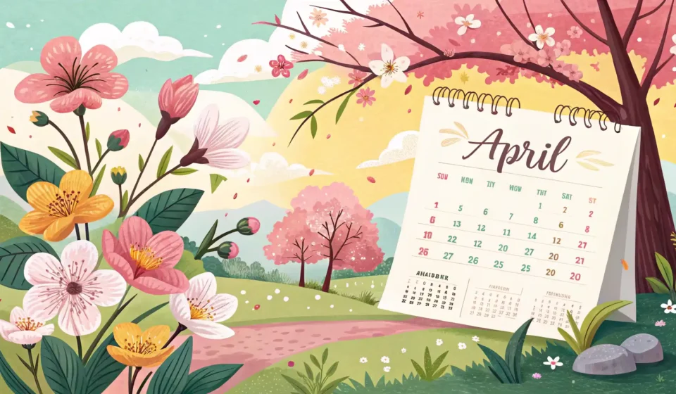 4월 영어로 완벽하게 말하기: April 발음부터 활용까지 4월 달력과 봄꽃, 영어 학습 아이콘이 그려진 일러스트 이미지