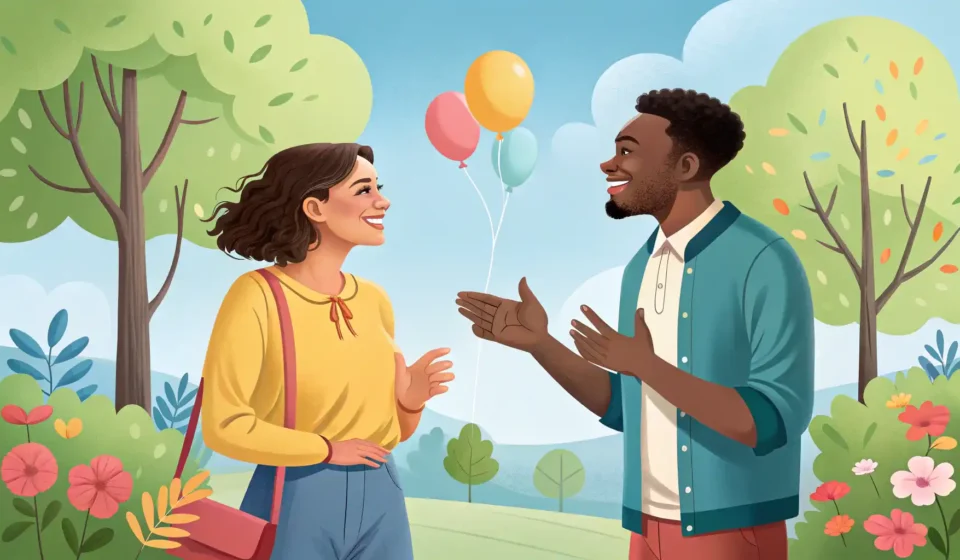 영어로 질문하는 법: 자신감 있게 물어보세요! 영어로 질문하는 법을 배우는 두 사람이 물음표 말풍선과 함께 대화하는 모습