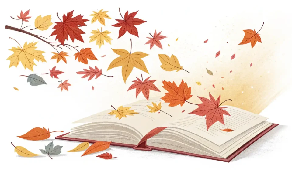 가을, 영어로 어떻게 말할까요? Autumn과 Fall 완벽 정리 가을 단풍잎이 떨어지는 노트와 펜 이미지, 가을 관련 영어 표현 학습 상징