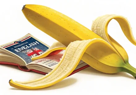 바나나, 영어로 자신 있게 말해보세요! 바나나 껍질 속에서 영어 사전이 나오고 옆에 말풍선 아이콘이 있는, 바나나 관련 영어 표현 학습을 상징하는 일러스트 이미지