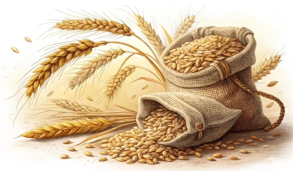 보리를 영어로 어떻게 말할까요? Barley 완벽 정복 가이드 황금색 보리알과 영어 학습을 상징하는 아이콘이 있는 썸네일 이미지