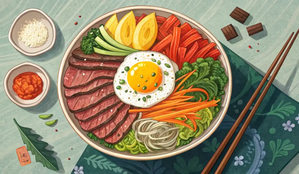 비빔밥, 영어로 자신 있게 주문하고 설명하기 비빔밥 사진과 영어 학습을 나타내는 말풍선 아이콘이 있는 섬네일 이미지