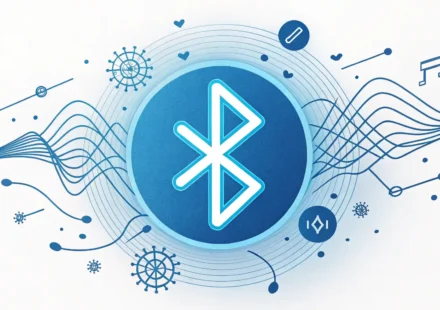 블루투스 관련 영어 표현: 연결부터 문제 해결까지 파란색 블루투스 기호가 스마트폰 및 무선 헤드폰 아이콘과 선으로 연결되어 있는 미니멀리스트 디자인 이미지