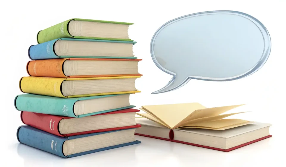 책, 영어로 어떻게 말할까요? Book부터 다양한 표현까지! 책 더미와 물음표 말풍선, 전구 아이콘이 있는 이미지 - 책 관련 다양한 영어 표현 배우기