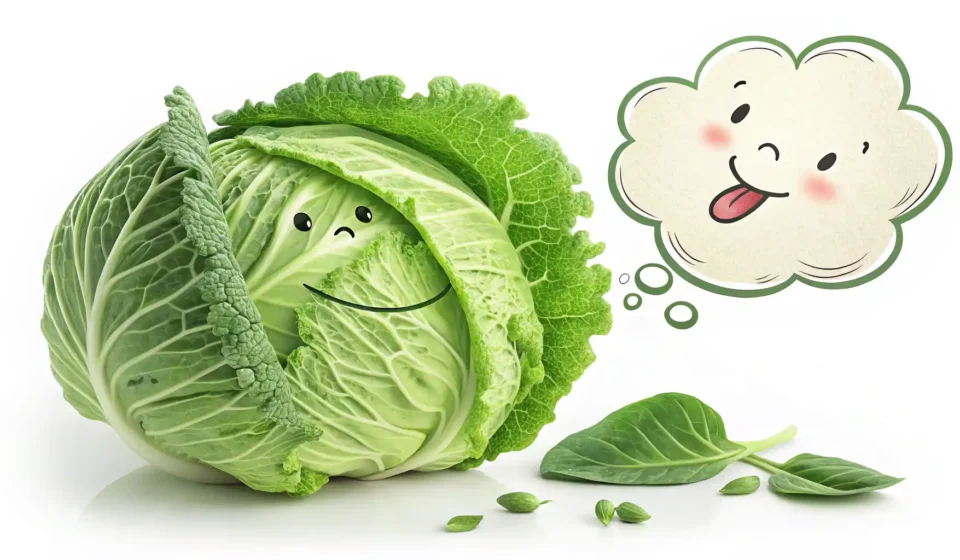 양배추, 영어로 자신 있게 말해보세요: Cabbage 완벽 정복 가이드 신선한 양배추 옆에 영어 단어 학습을 상징하는 말풍선 아이콘이 있는 이미지