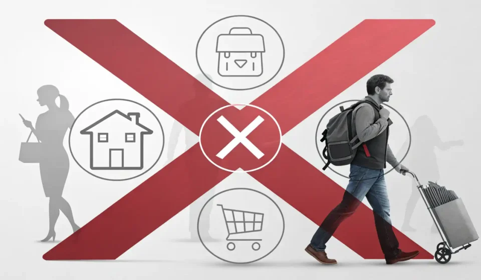 예약부터 주문까지, 상황별 ‘취소’ 영어 완벽 정복! 비행기표, 호텔, 온라인 주문 아이콘 위에 빨간색 X 표시가 있는 이미지, 영어로 취소하는 표현 배우기 관련.