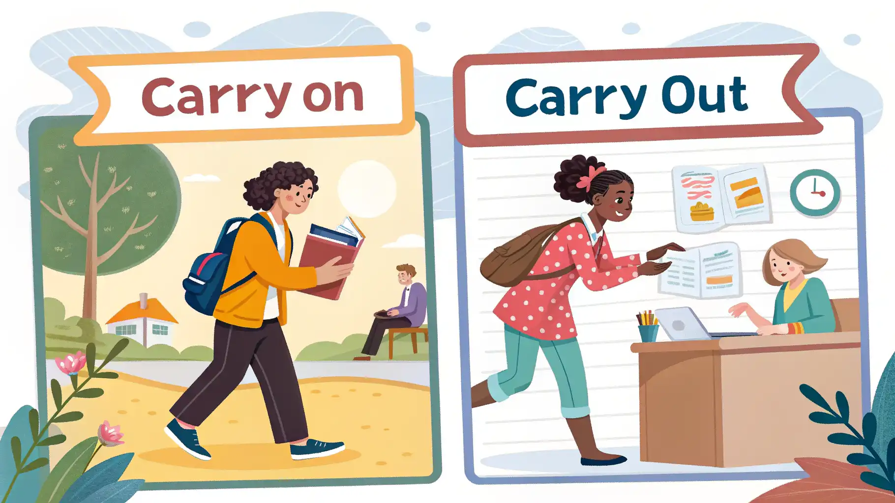 Carry on vs. Carry out: ‘계속’과 ‘수행’의 미묘한 차이 마스터하기 Carry on와 "Carry out"의 차이와 계속 및 수행 표현 영어 학습 이미지