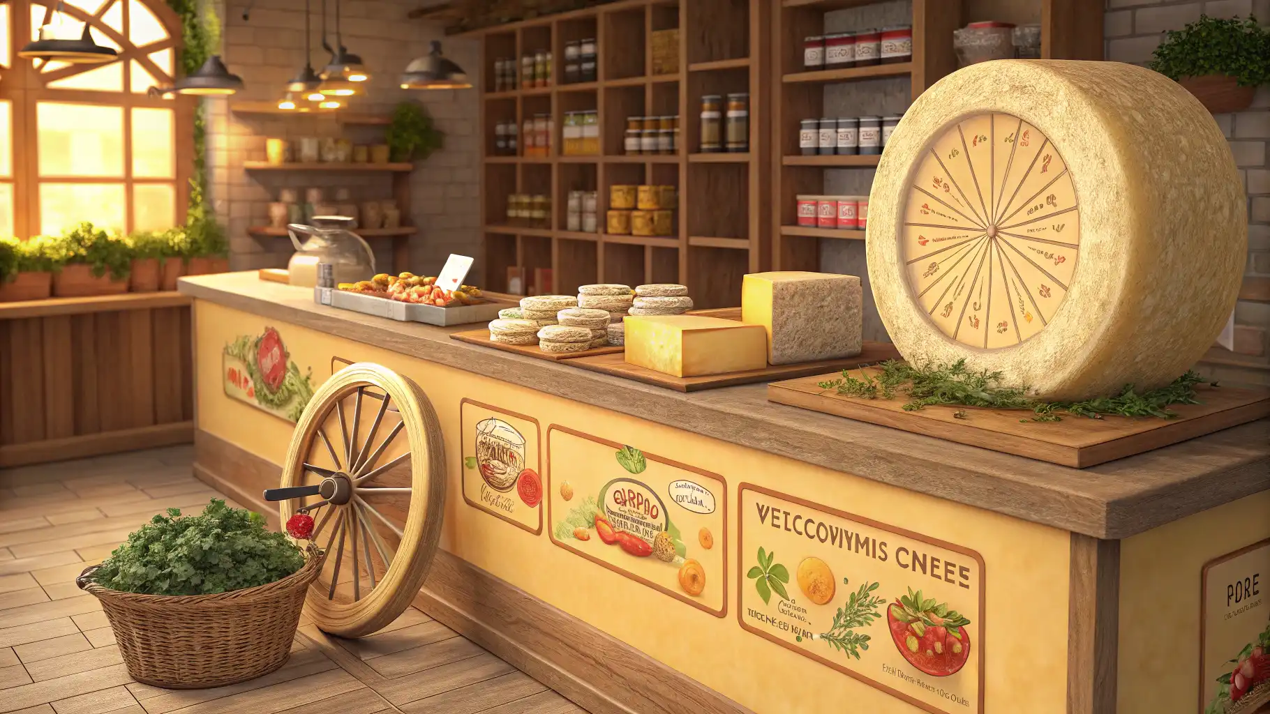 치즈 전문점 영어: 고객 응대 완벽 가이드 치즈 전문점 카운터 위 치즈와 "English for Cheese Lovers!"라고 쓰인 칠판, 영어 학습 문구가 담긴 말풍선이 떠 있는 이미지.