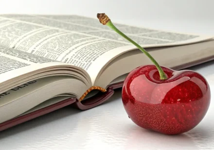 달콤한 체리, 영어로 자신 있게 말하는 법 체리 옆에 펼쳐진 영어 사전 이미지, 체리 관련 영어 표현 학습을 나타냄