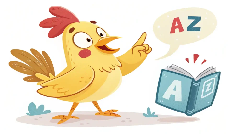 닭 영어로? Chicken부터 Cluck까지, 완벽 정리! 닭 관련 영어 표현 학습을 상징하는 이미지: 닭 캐릭터와 영어 사전 아이콘.