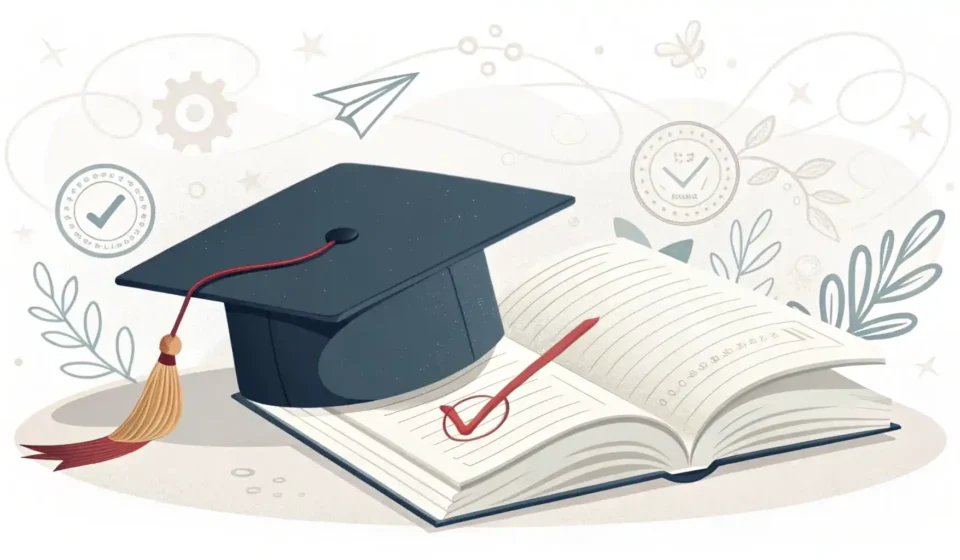 입시컨설팅 영어로? 완벽 정리! (College Admissions Consulting) 대학 입시 컨설팅 관련 영어 표현 학습을 상징하는 이미지: 졸업 모자, 책, 서류, 말풍선 아이콘.