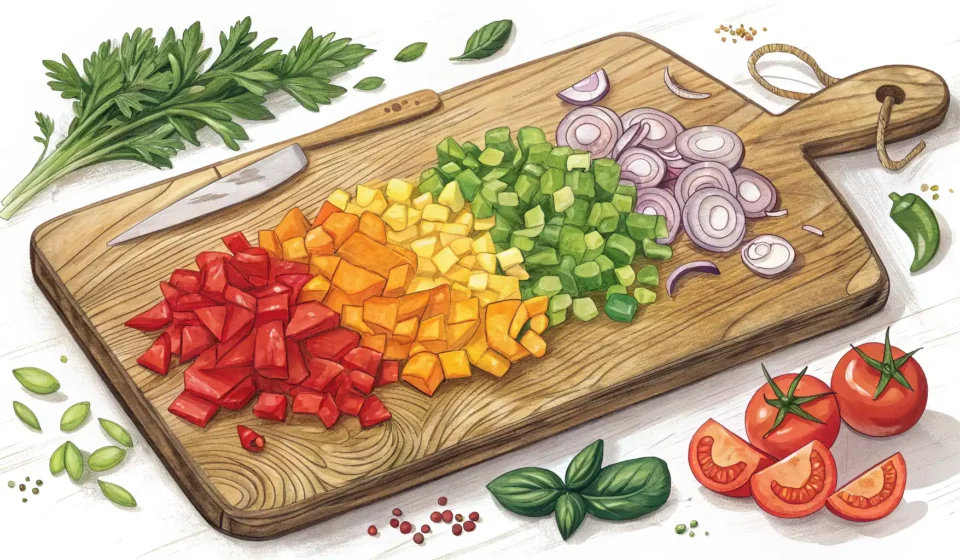 주방 필수템! 쉽고 맛있는 요리 영어 표현 모음 도마 위에 놓인 다진 야채들과 칼 옆에 언어 학습 아이콘이 있는 이미지, 요리 관련 영어 표현 학습 컨셉