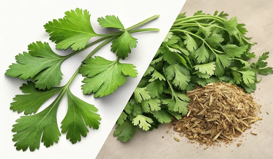 고수 영어로? Coriander vs. Cilantro 완벽 정리! 신선한 고수 잎(실란트로)과 고수 씨앗(코리앤더)이 나란히 놓여 있고, 물음표와 전구 아이콘이 있어 '고수' 관련 영어 표현의 차이를 배우는 것을 시각적으로 나타내는 이미지.